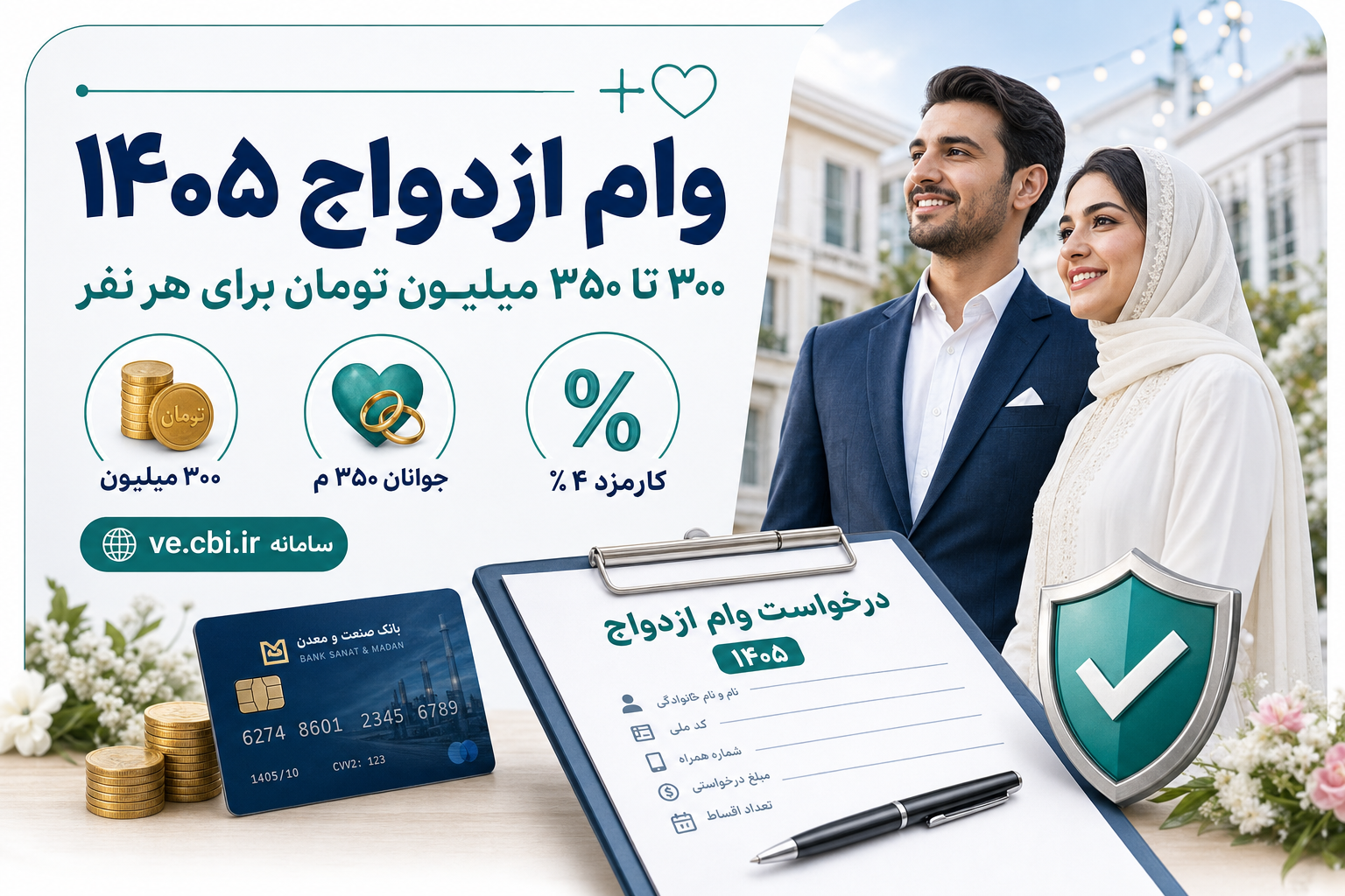 وام ازدواج ۱۴۰۵؛ ۳۰۰ تا ۷۰۰ میلیون + ثبت‌نام ve.cbi.ir و مهلت‌ها