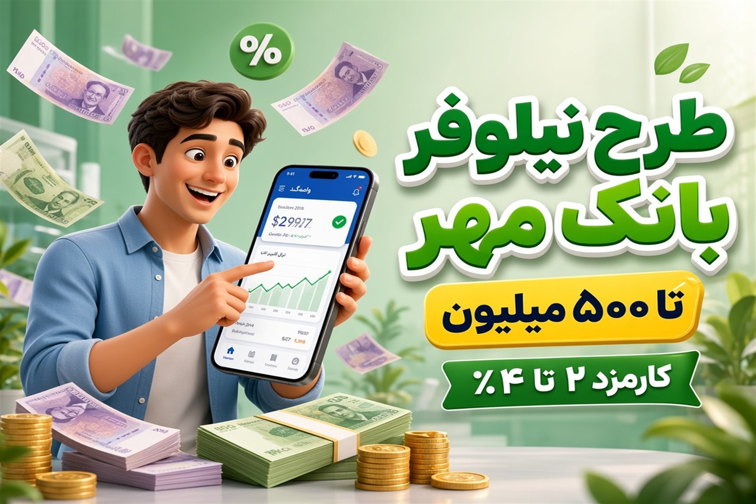 طرح نیلوفر بانک مهر | سقف ۵۰۰ میلیون، کارمزد ۲ تا ۴٪ و کیوبانک