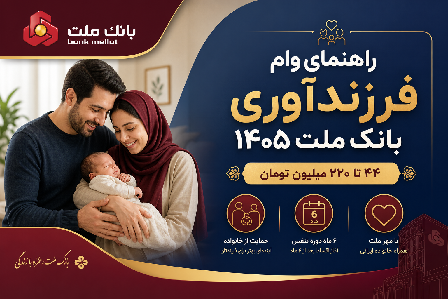 راهنمای کامل وام فرزندآوری بانک ملت ۱۴۰۵ | ۴۴ تا ۲۲۰ میلیون